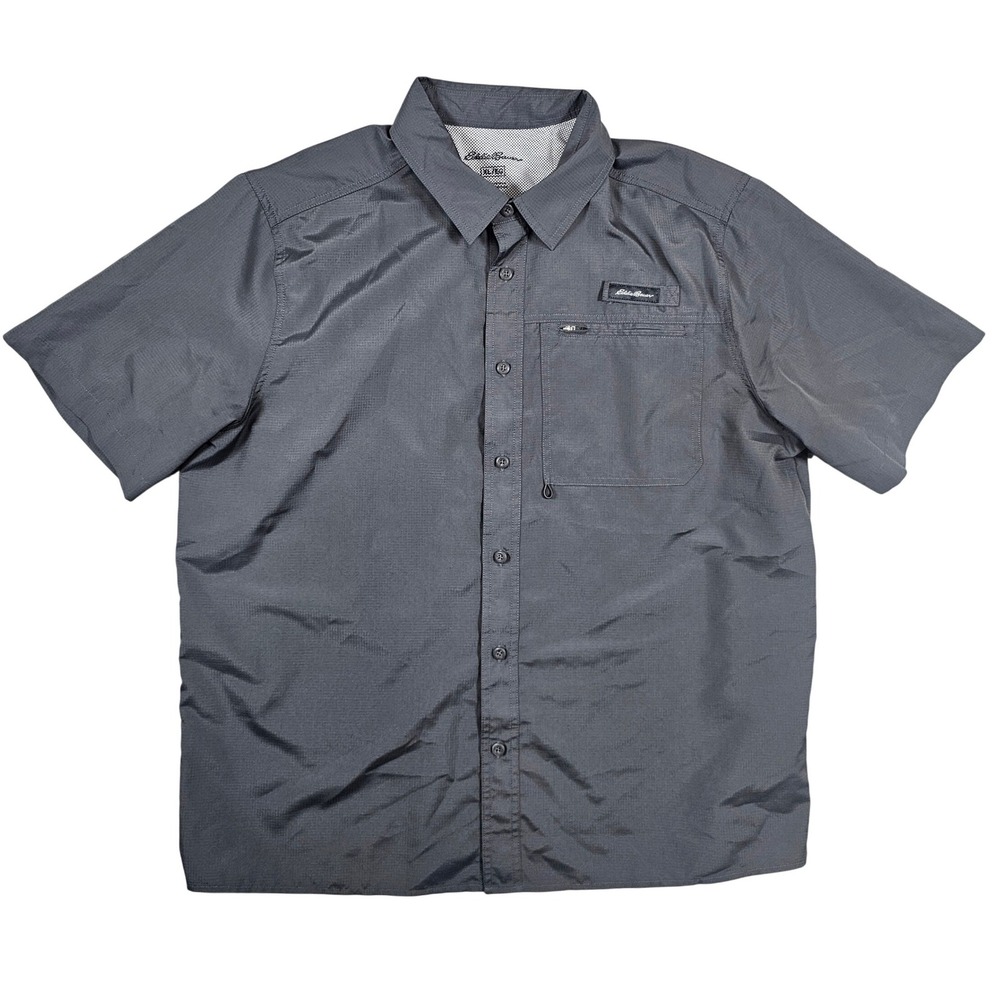 Eddie Bauer Mens XL Gray Ripstop Short Sleeve Button Down Fishing Hiking Shirt